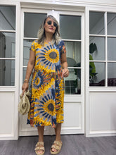 A02004 hardal sarı desen viskon kumaş elbise