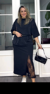 A02295 yanı dantelli beli lastikli likralı etek