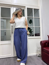 A01911 beli lastikli koyu mavi bol pantolon