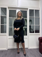 A02166 kare yaka likralı yırtmaçlı elbise