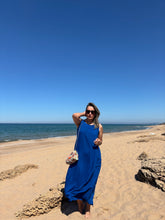 A01864 sax mavisi cepli uzun elbise