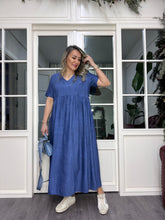 A02397 indigo mavi bol kesim dökümlü elbise