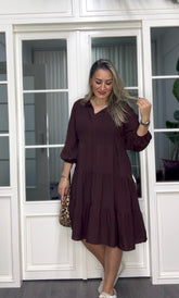 A02316 kahve ipli owersize viskon elbise