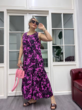 A01871 viskon kumaş cepli mor desenli elbise