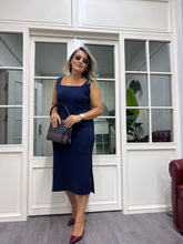 A02015 lacivert kare yaka likralı yırtmaçlı elbise