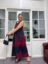 A01854 sıfır kol cepli maxi kırmızı mercan desen elbise