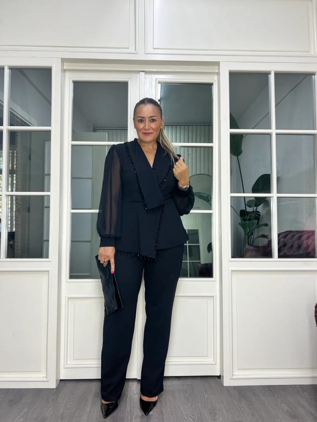 A02757 kruvaze likralı boncuklu beli lastikli  takım 