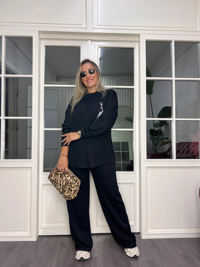 A02765 siyah modal kumaş fiyonk detaylı likralı rahat kesim beli lastikli eşofman