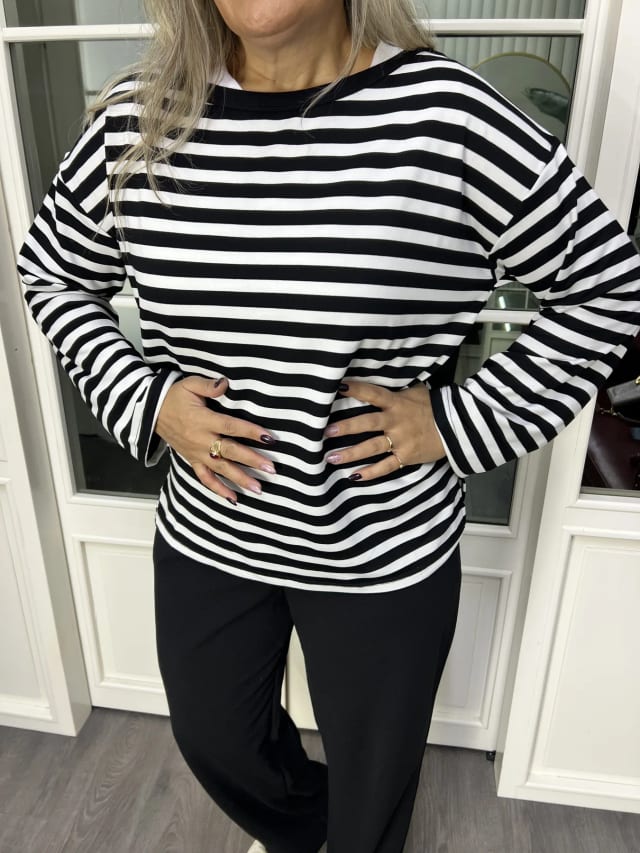 A02824 çizgili siyah beyaz sweat