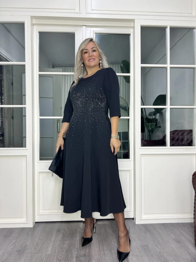 A02839 önü taşlı midi çan kesim elbise