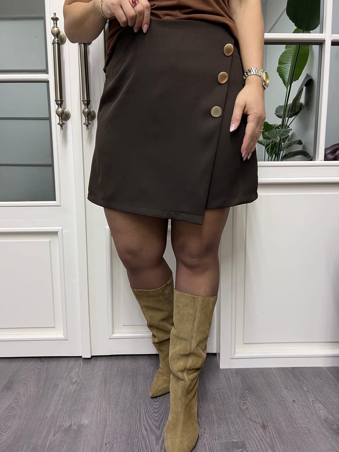A02264 kahve düğmeli şort etek