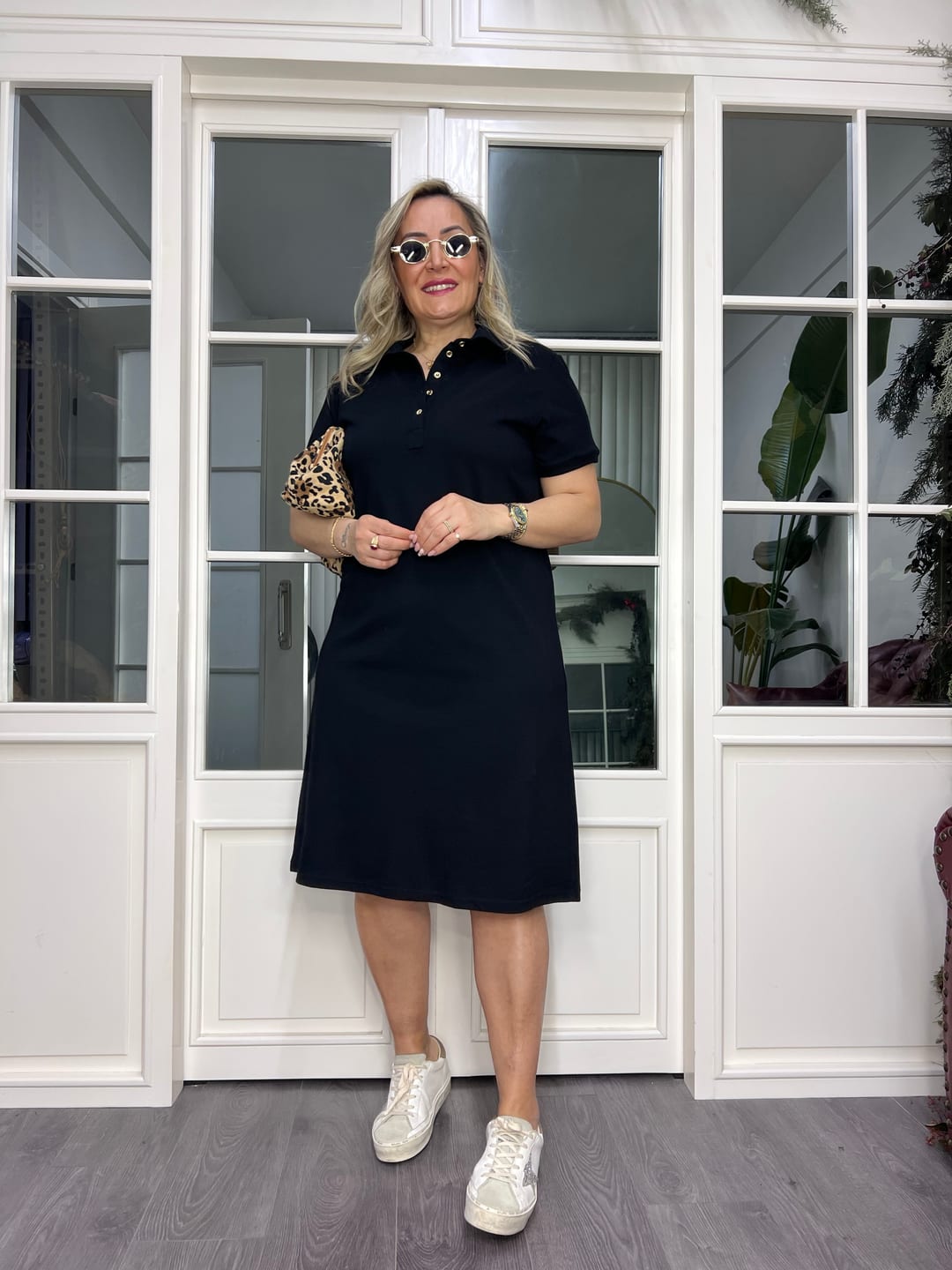 A02472 polo yaka düğmeli likralı elbise