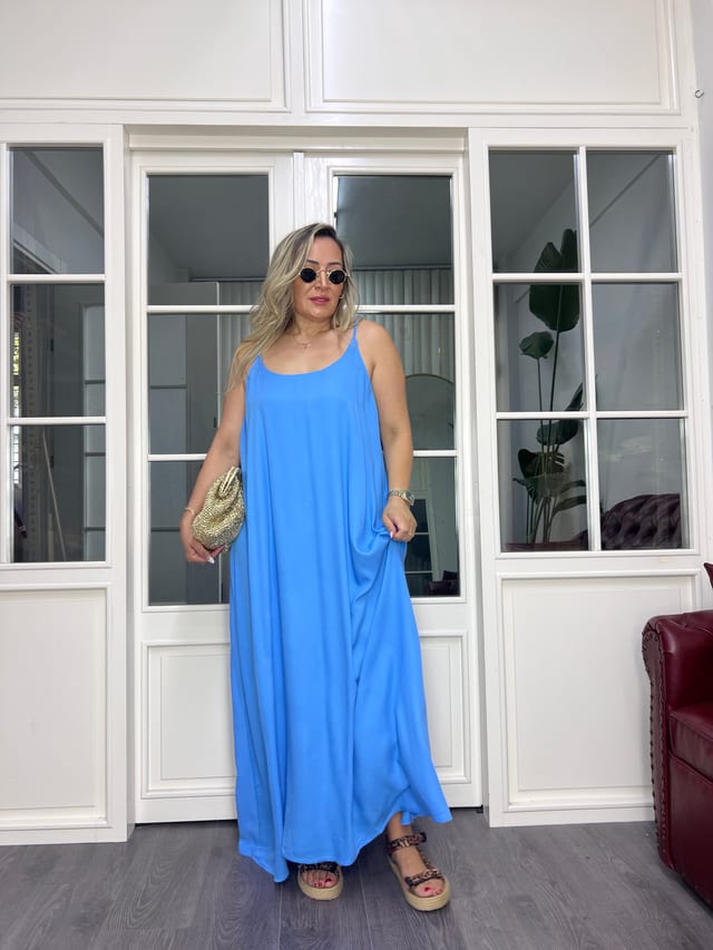 A02616 mavi ayarlı askılı keten maxi bol elbise