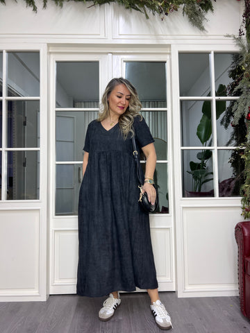 A01985 v yaka owersize dökümlü elbise