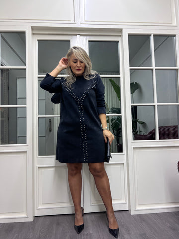 A02156 nubuk likralı zımbalı siyah elbise