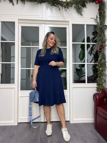 A02342 lacivert yanları takılı likralı elbise