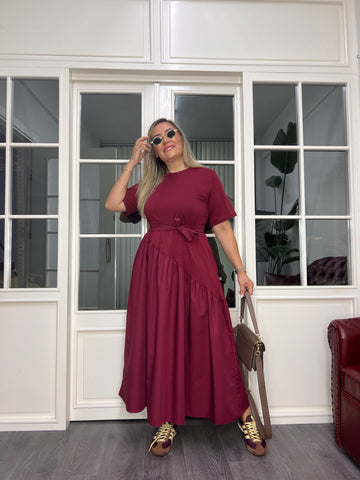 A02630 bordo eteği büzgülü üstü likralı eteği poplin elbise