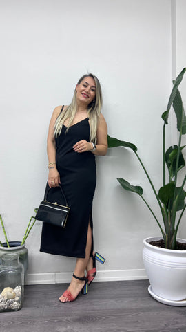 A0163 askılı siyah yanları yırtmaçlı kalem elbise
