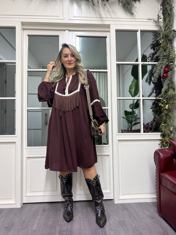 A02306 püsküllü viskon kahve elbise