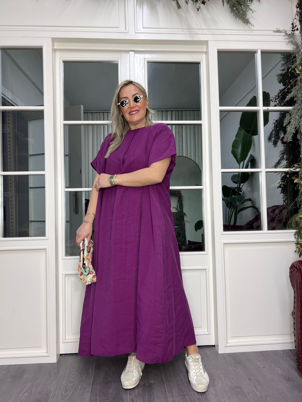 A02452 mürdüm rengi owersize omuzu fermuarlı elbise