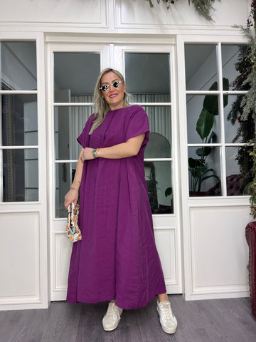 A02452 mürdüm rengi owersize omuzu fermuarlı elbise