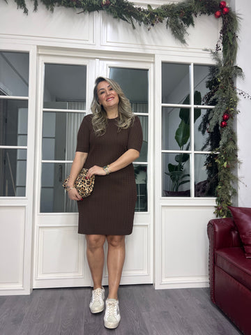 A02322 kahve örgü desen triko elbise