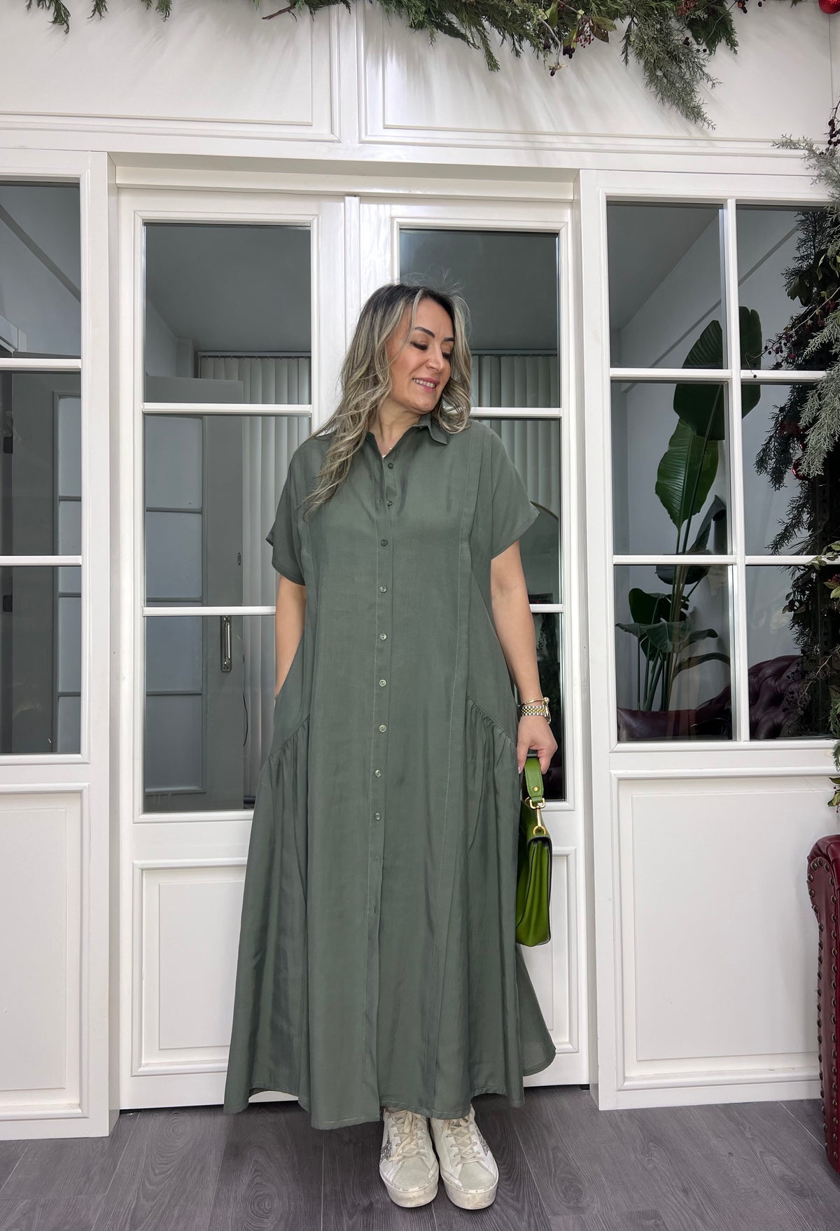 A02152 haki yeşil düğmeli owersize elbise