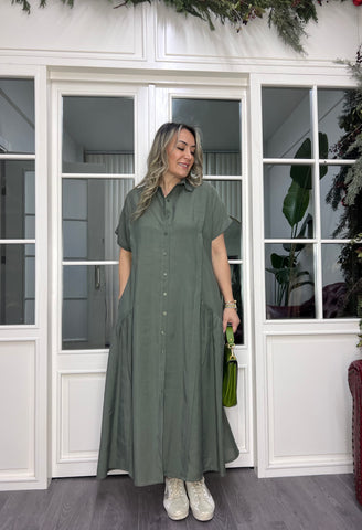 A02152 haki yeşil düğmeli owersize elbise