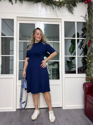 A02342 lacivert yanları takılı likralı elbise