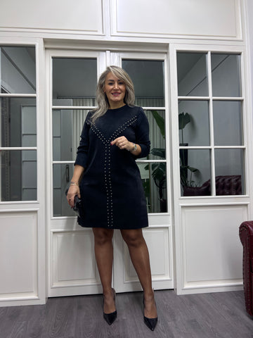 A02156 nubuk likralı zımbalı siyah elbise