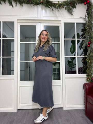 A02338 yakalı gri likralı elbise