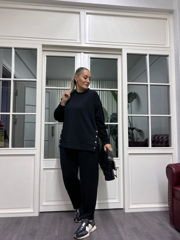 A02182 siyah çıtçıtlı modal kumaş eşofman takımı