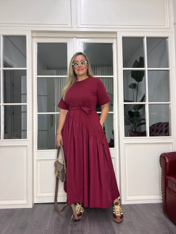 A02630 bordo eteği büzgülü üstü likralı eteği poplin elbise