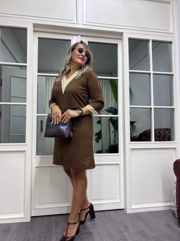 A02052 kahve likralı güpürlü elbise