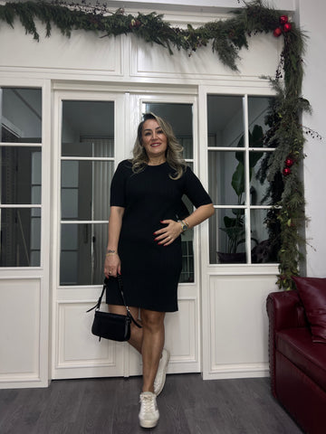 A02321 siyah örgü desen triko standart beden elbise