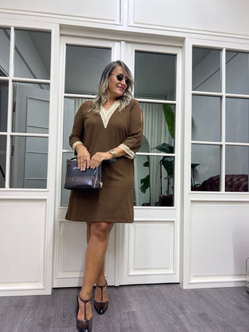 A02052 kahve likralı güpürlü elbise