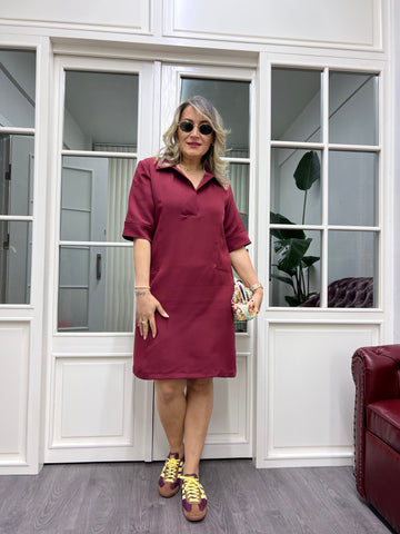 A01843 bordo yakalı kısa dokuma elbise