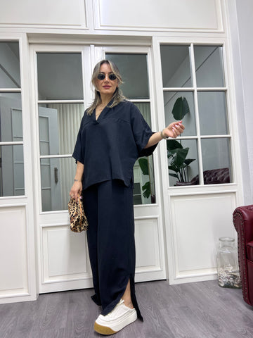 A01958 siyah owersize keten takım