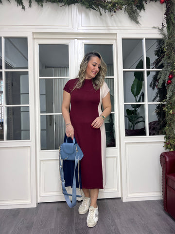 A02345 bordo bej garni likralı elbise