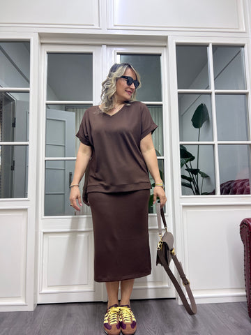 A01813 coffee modal skirt blouse set