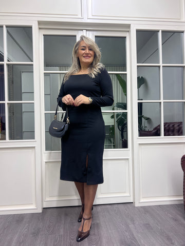 A02166 kare yaka likralı yırtmaçlı elbise