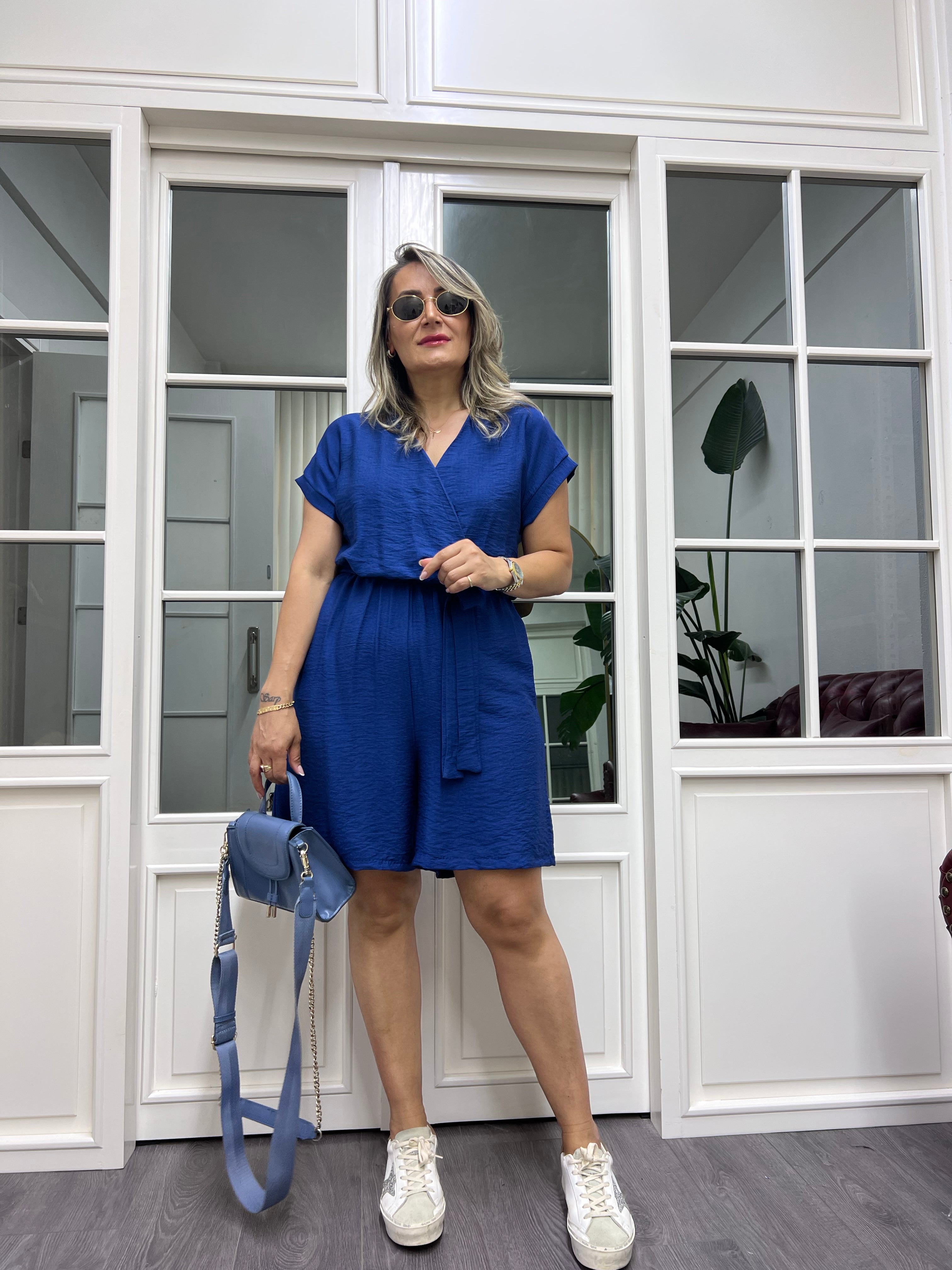 A01968 mavi beli lastikli bağlamalı tulum