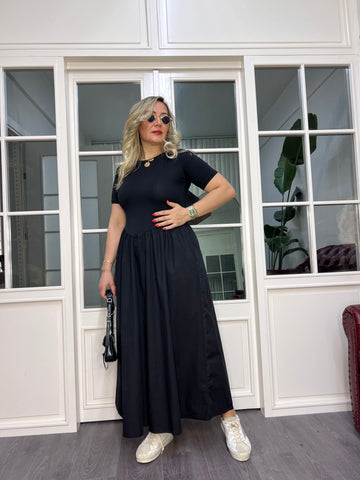 A02499 siyah bisiklet yaka eteği poplin cepli uzun elbise