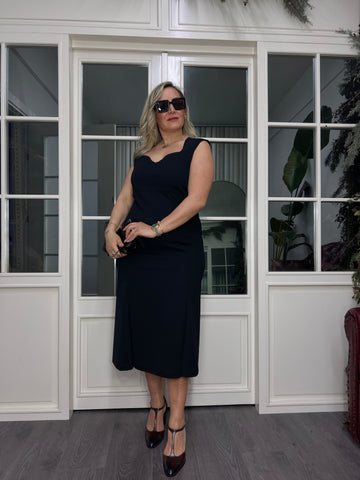 A02473 heart-neckline stretchy midi mermaid dress
