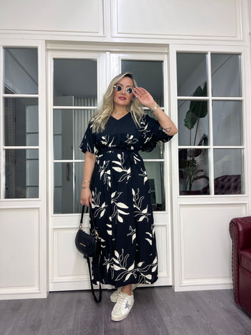 A02561 collared lace-up black and white patterned loose-fitting dress
