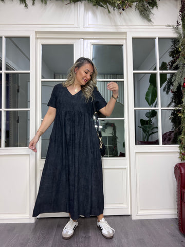 A01985 v yaka owersize dökümlü elbise