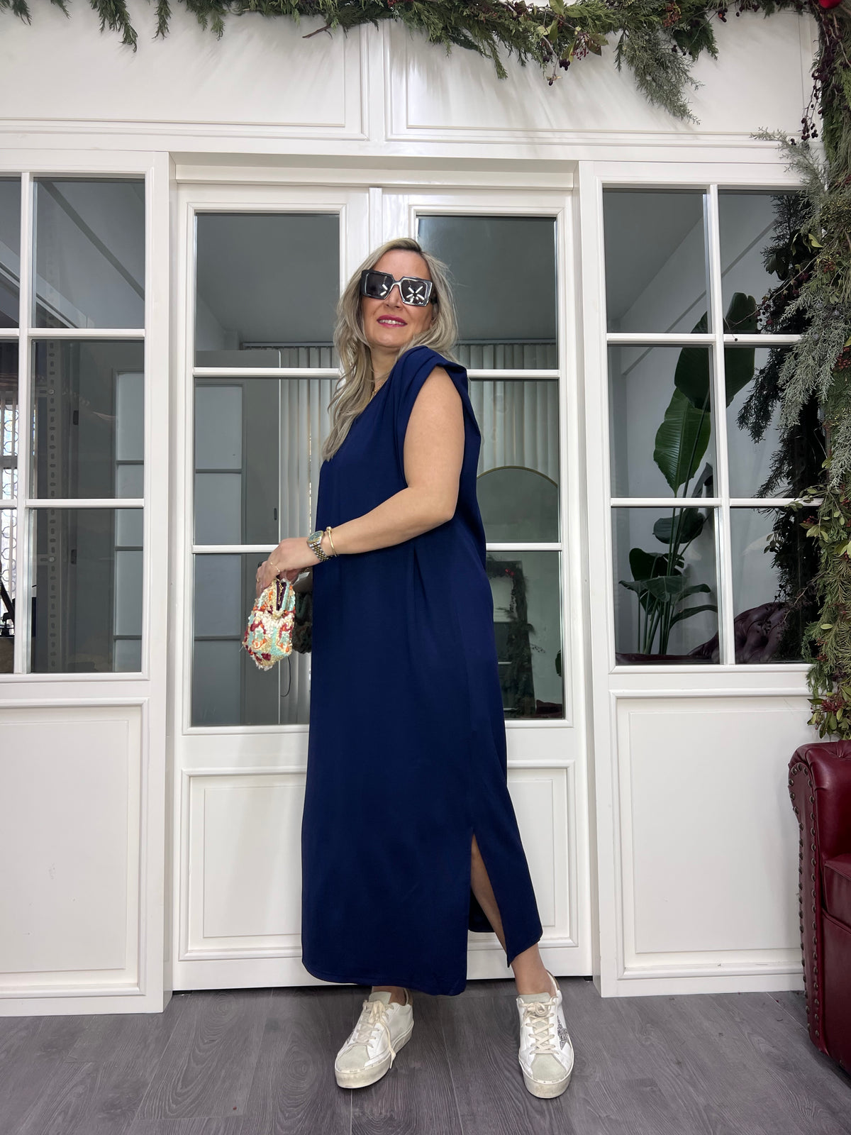 A02451 lacivert omuzu pilili likralı modal kumaş elbise