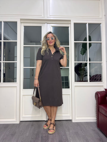 A02562 coffee Lacoste fabric collared dress