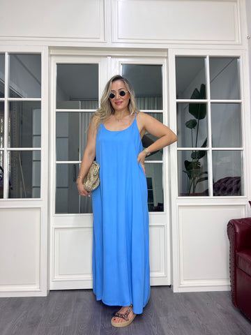 A02616 mavi ayarlı askılı keten maxi bol elbise