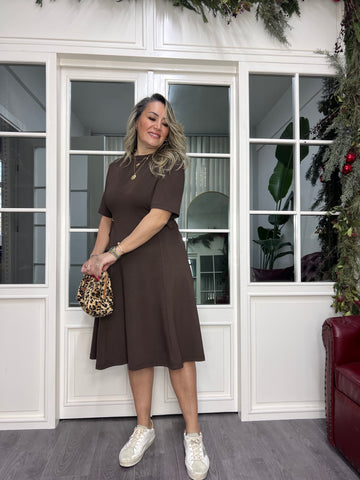 A02343 kahve yanları tokalı likralı elbise